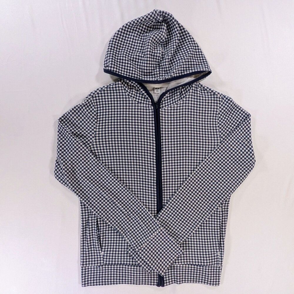 Uniqlo Hoodie Womens Medium Black White Gingham Plaid Full Zip Casual Prep